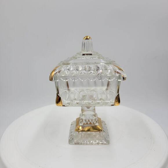 Vintage Jeannette Clear Glass Covered Pedestal Candy Dish 6" with Gold Trim USA - Picture 3 of 11